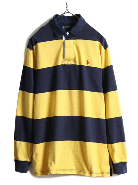 ■ ポロ ラルフローレン ワイド ボーダー 長袖 ラガー シャツ メンズ L / 90s オールド 90年代 POLO 長袖シャツ ラグビーシャツ ポニー刺繍_画像1