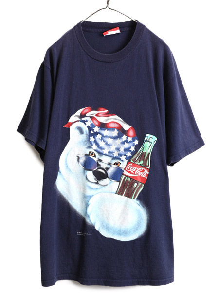 90s USA製 大きいサイズ XL ■ コカコーラ シロクマ プリント 半袖 Tシャツ ( メンズ ) オールド CocaCola アニマル キャラクター 企業 紺_画像1