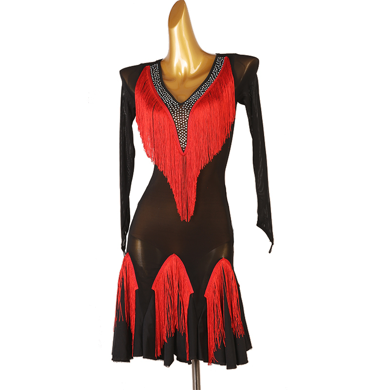 新品　レディース社交ダンス衣装　良品　ラテンドレス　ライトストーン＋フリンジ飾り　黒＋赤　サイズS～XXL　サイズ調整対応