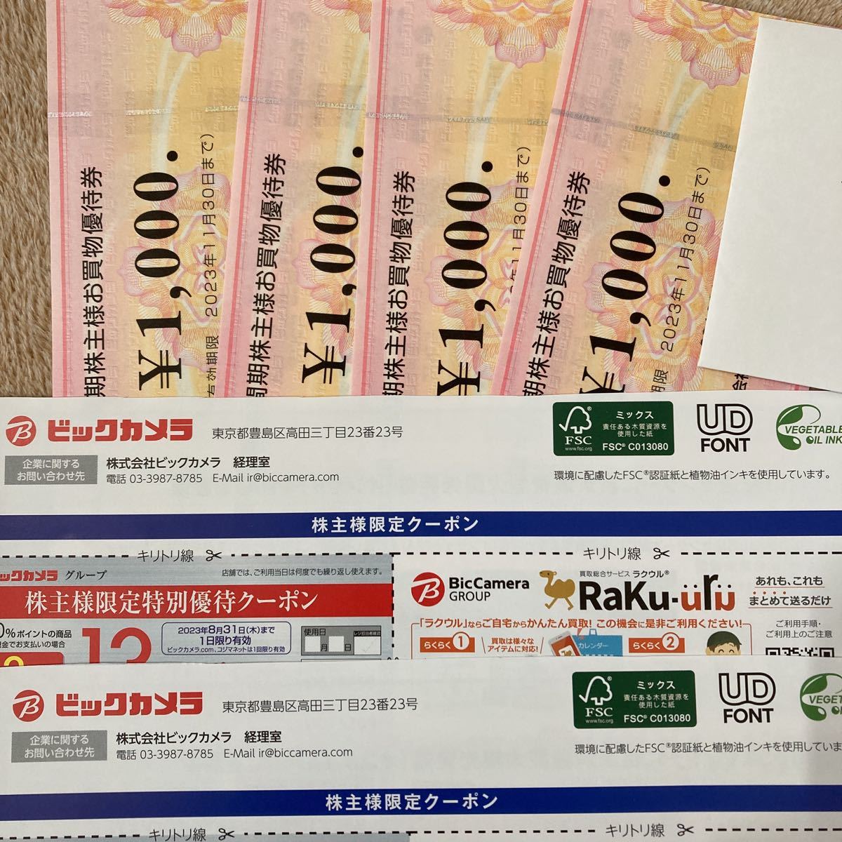 最大81%OFFクーポン ビックカメラ 株主優待券 4,000円分 1,000円×4枚