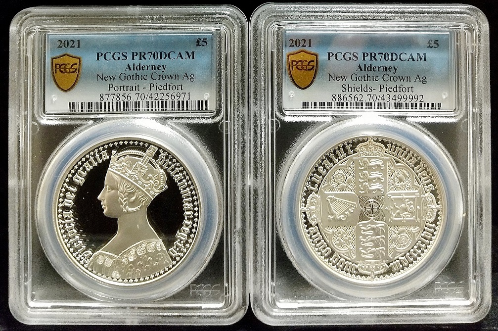 2オンス銀貨 2枚セット 2021年 オルダニー ゴチッククラウン 5ポンド 2oz プルーフ 銀貨 PCGS PR70 DCAM ゴシッククラウン イギリス_画像1