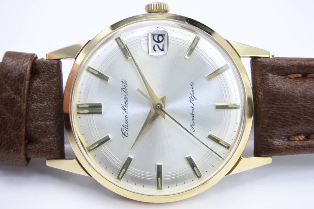 ☆デッドストック品 １９６０年代製 シチズン CITIZEN HOMER PARASHOCK 19石 手巻紳士腕時計 元ベルト付き　自動組立設計最初機種