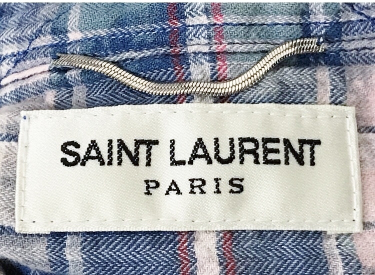 SAINT LAURENT PARIS サンローランパリ ブリーチ カットオフ シワ加工 チェックシャツ S 青/白_画像8