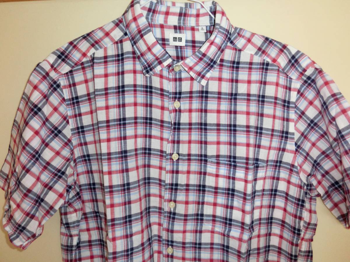 ユニクロ　半袖シャツ　サイズ：XL　赤紺チェック柄　古着・美品　送付￥185　_画像3