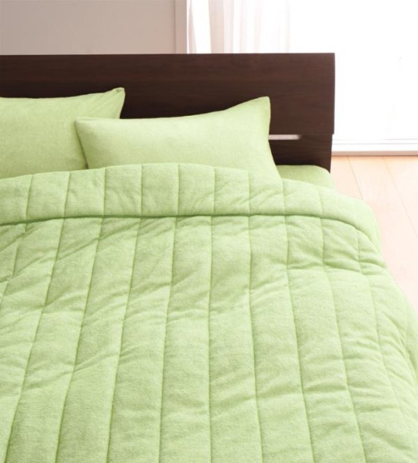 タオル地　タオルケット　と　クイーンサイズ　ベッド用ボックスシーツ　のセット　洗える　色-ペールグリーン　綿100%パイル