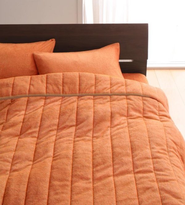 タオル地　タオルケット　と　ベッド用ボックスシーツ　綿100%パイル　のセット　クイーンサイズ　色-サニーオレンジ　洗える