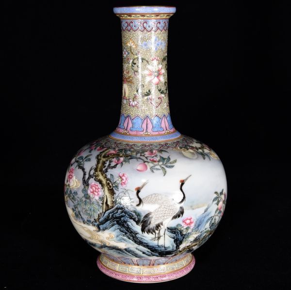 清代大清乾隆年製陶磁器古月軒琺瑯彩鶴紋瓶【仁】染付置物擺件古賞物古