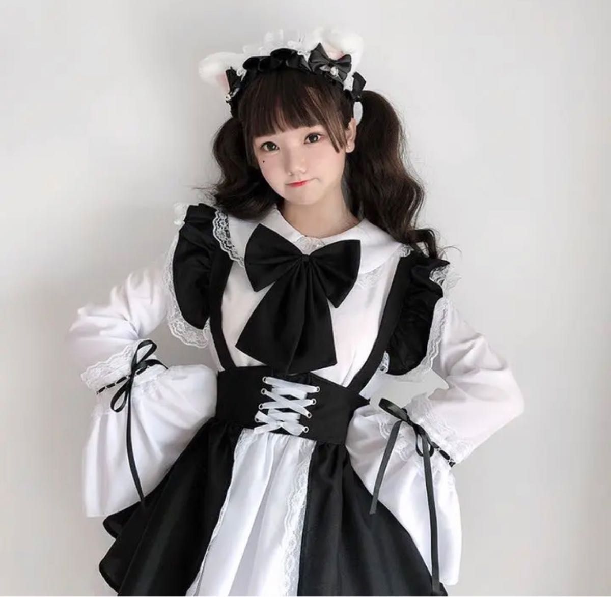 コスプレ メイド 長袖 大きいサイズ コスプレ可愛いメイド服 エプロン3点 ロリータワンピース4XL 4L