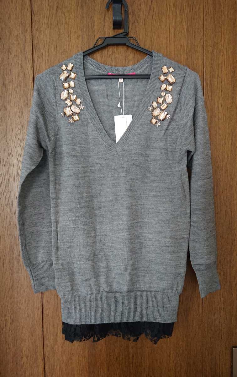 [ regular price 12600 jpy ] Rosebullet rosebulletbiju- knitted race gray large grain biju- sweater thin knitted SHIPS slobeiena