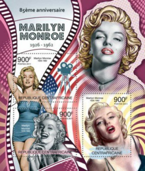 中央アフリカ切手『マリリン・モンロー生誕85周年』3枚シート 2011の画像1
