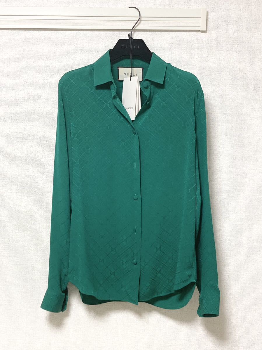 gucci 長袖シャツ ブラウス 36 sサイズ シルク グリーン タグ付き