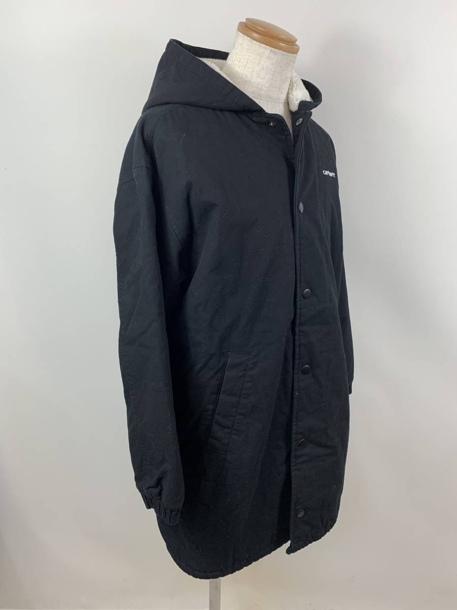 132-KM2183-120s Carhartt カーハート WIP W HOODED SCRIPT COACH JACKET 裏ボア ロングコート コーチジャケット ブラック サイズXS