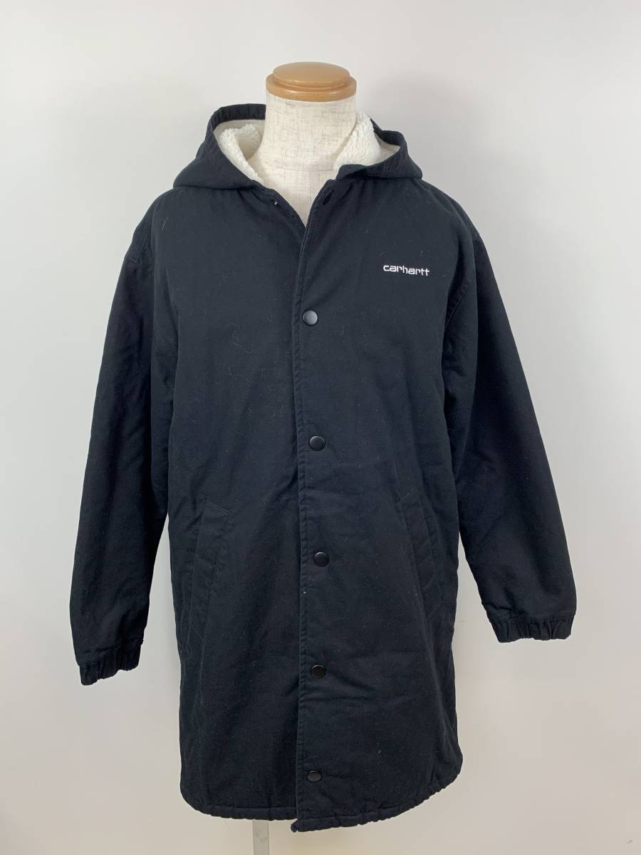 132-KM2183-120s Carhartt カーハート WIP W HOODED SCRIPT COACH JACKET 裏ボア ロングコート コーチジャケット ブラック サイズXS