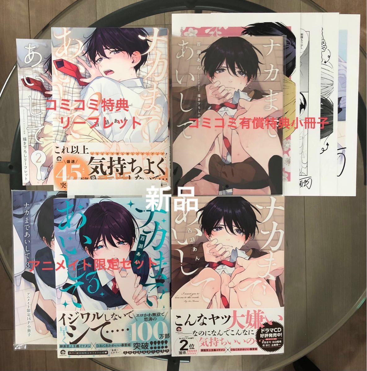 BL新刊　百瀬あん　ナカまであいして　全３巻　コミコミ有償特典　コミコミ特典リーフレット　アニメイト限定セット　新品