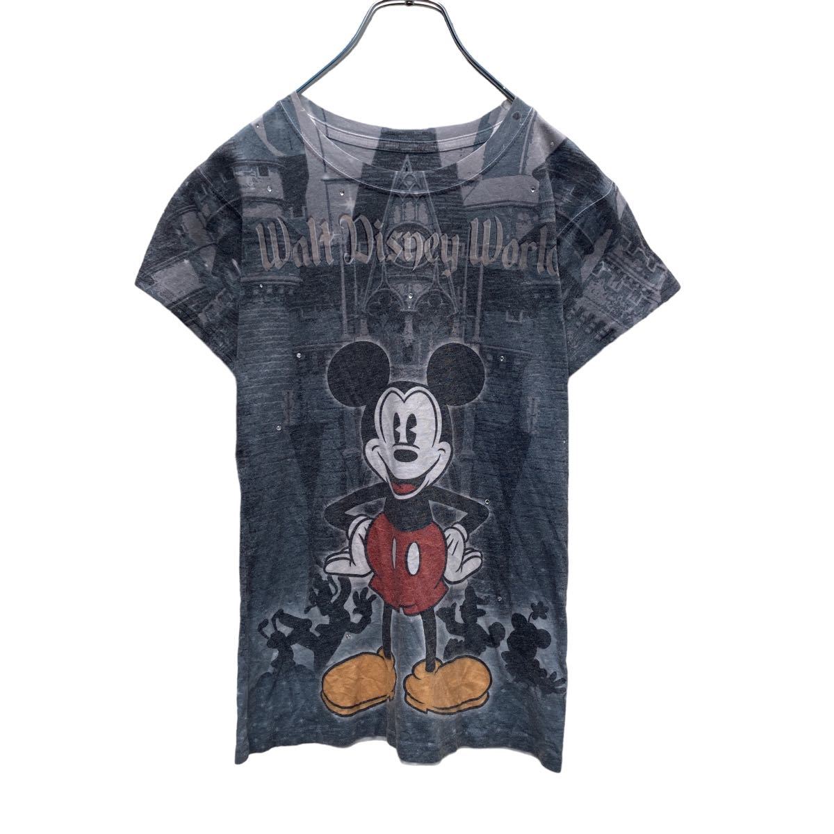 a505-5321 Disney 半袖 プリント Tシャツ ウィメンズ M グレー ラインストーン ディズニー ミッキーマウス 古着卸 アメリカ仕入