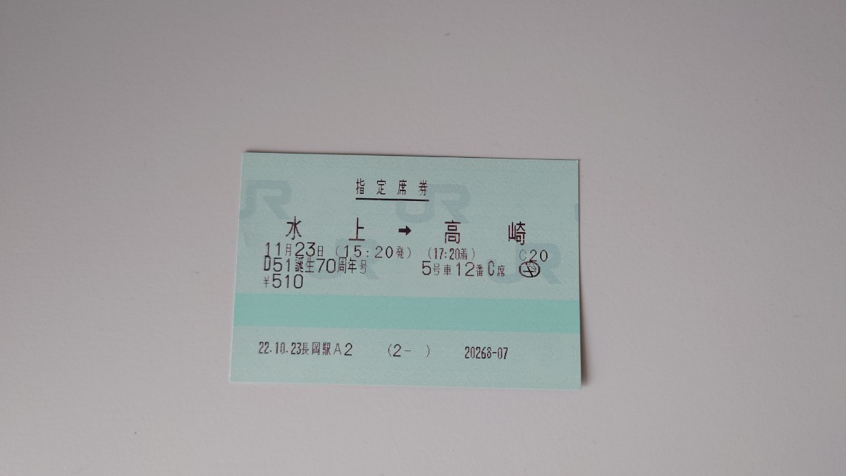 ◇JR◇水上→高崎 D51誕生70周年号 指定席券◇マルス券_画像1