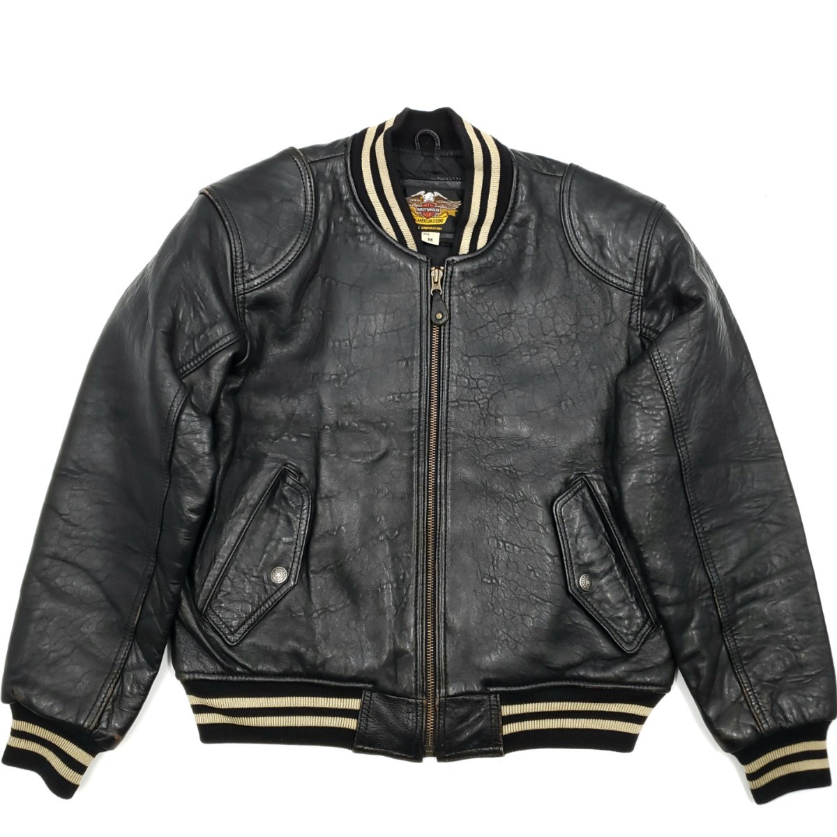 背面ビッグロゴ◇HARLEY-DAVIDSON◇オールレザースタジャン黒メンズM本