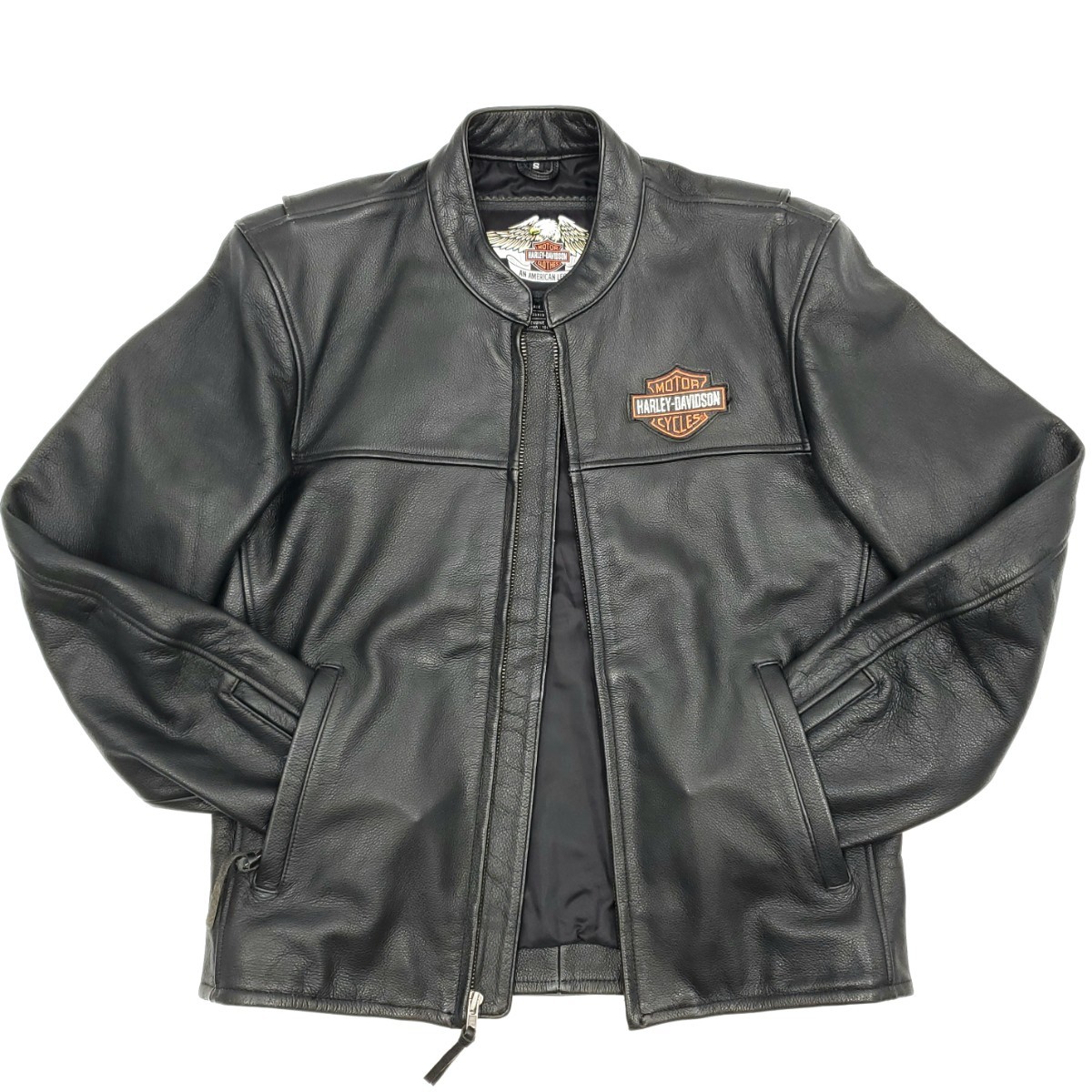 美品 日本サイズM位◆HARLEY-DAVIDSON◆肉厚レザーライダースジャケットメンズS黒シボ本革ハーレーダビッドソン本皮シングル革ジャン 616