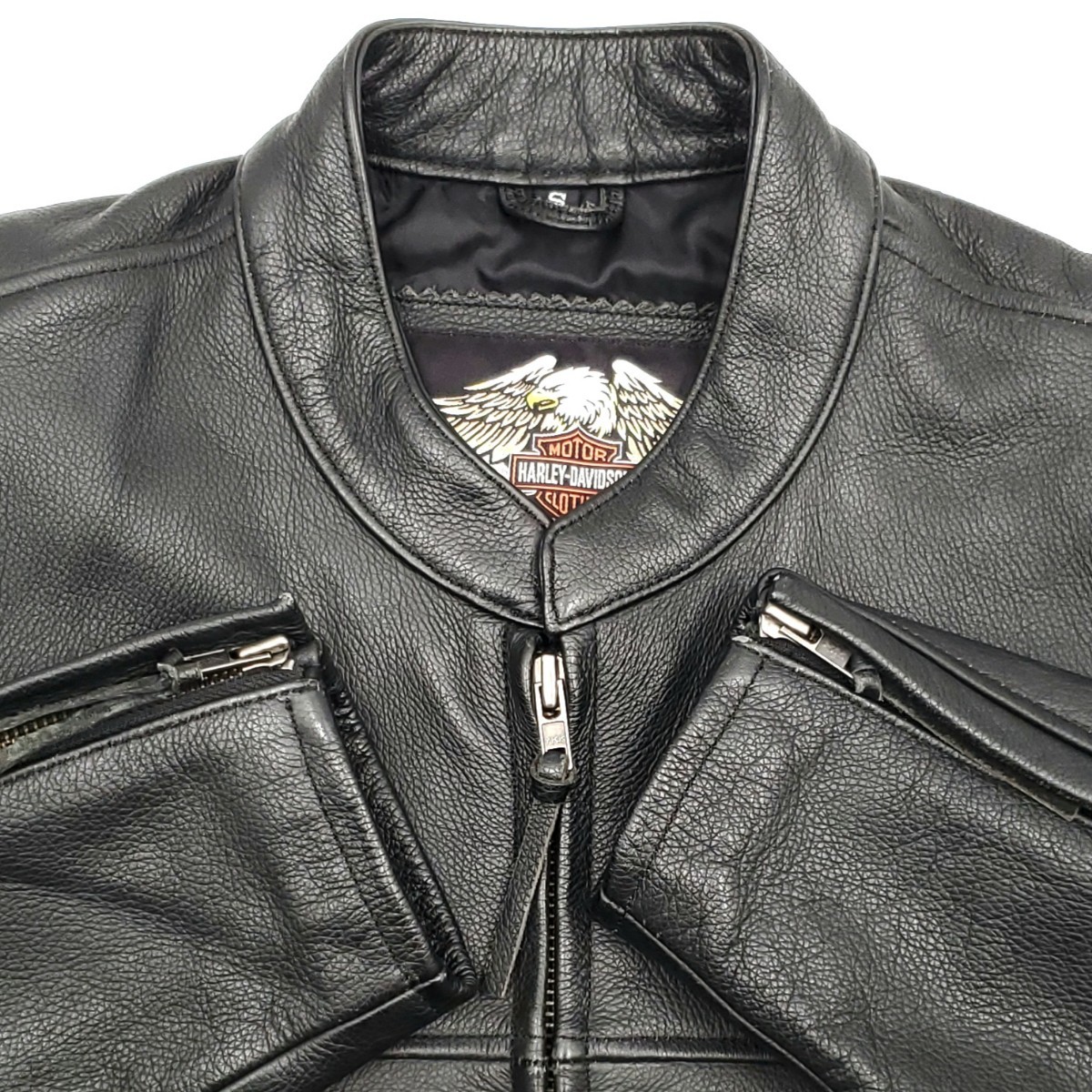 美品 日本サイズM位◆HARLEY-DAVIDSON◆肉厚レザーライダースジャケットメンズS黒シボ本革ハーレーダビッドソン本皮シングル革ジャン 616