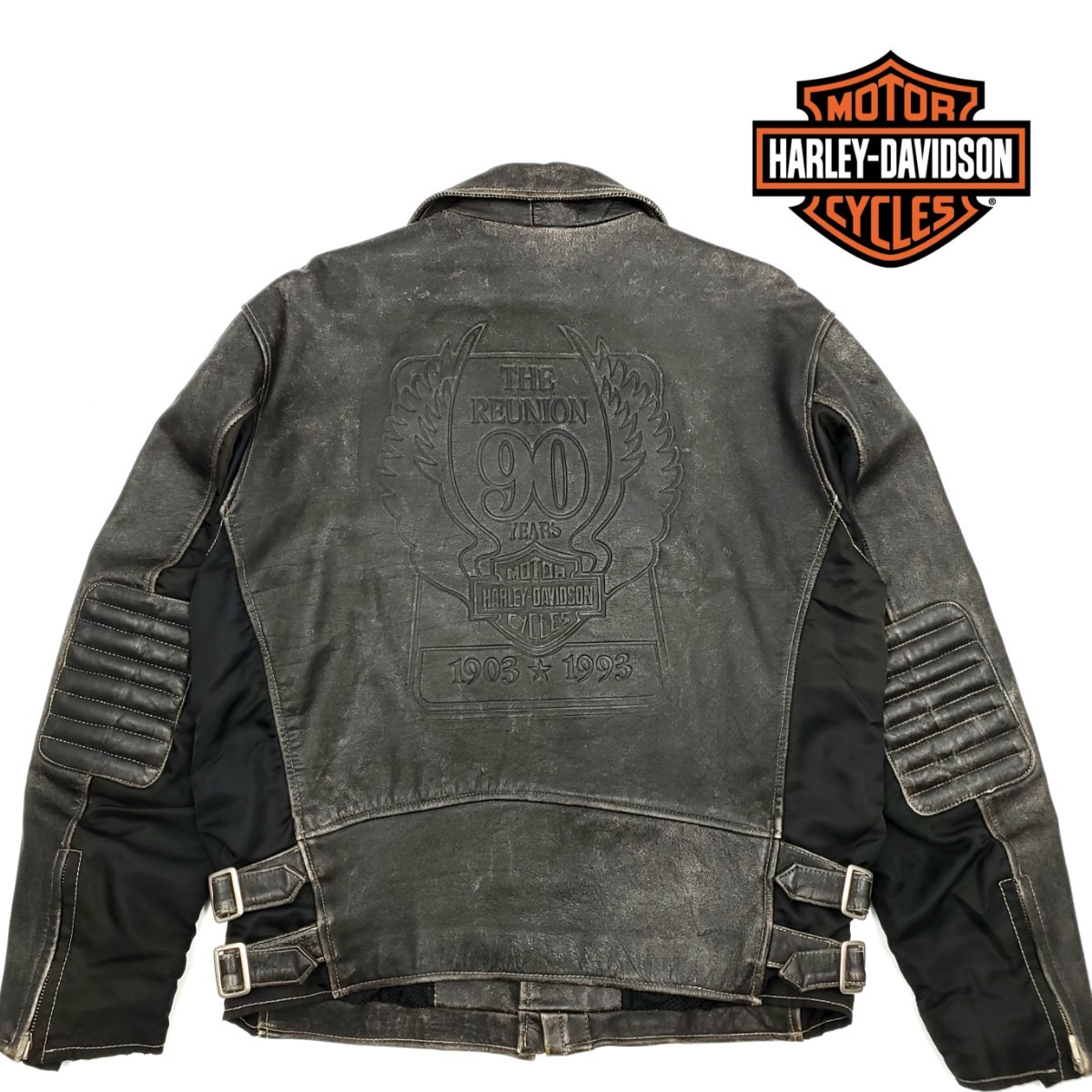 90周年限定モデル◆HARLEY-DAVIDSON◆立体ロゴ加工レザーコンビライダースジャケット黒メンズMハーレーダビッドソンダブル本革ジャン 617_画像1