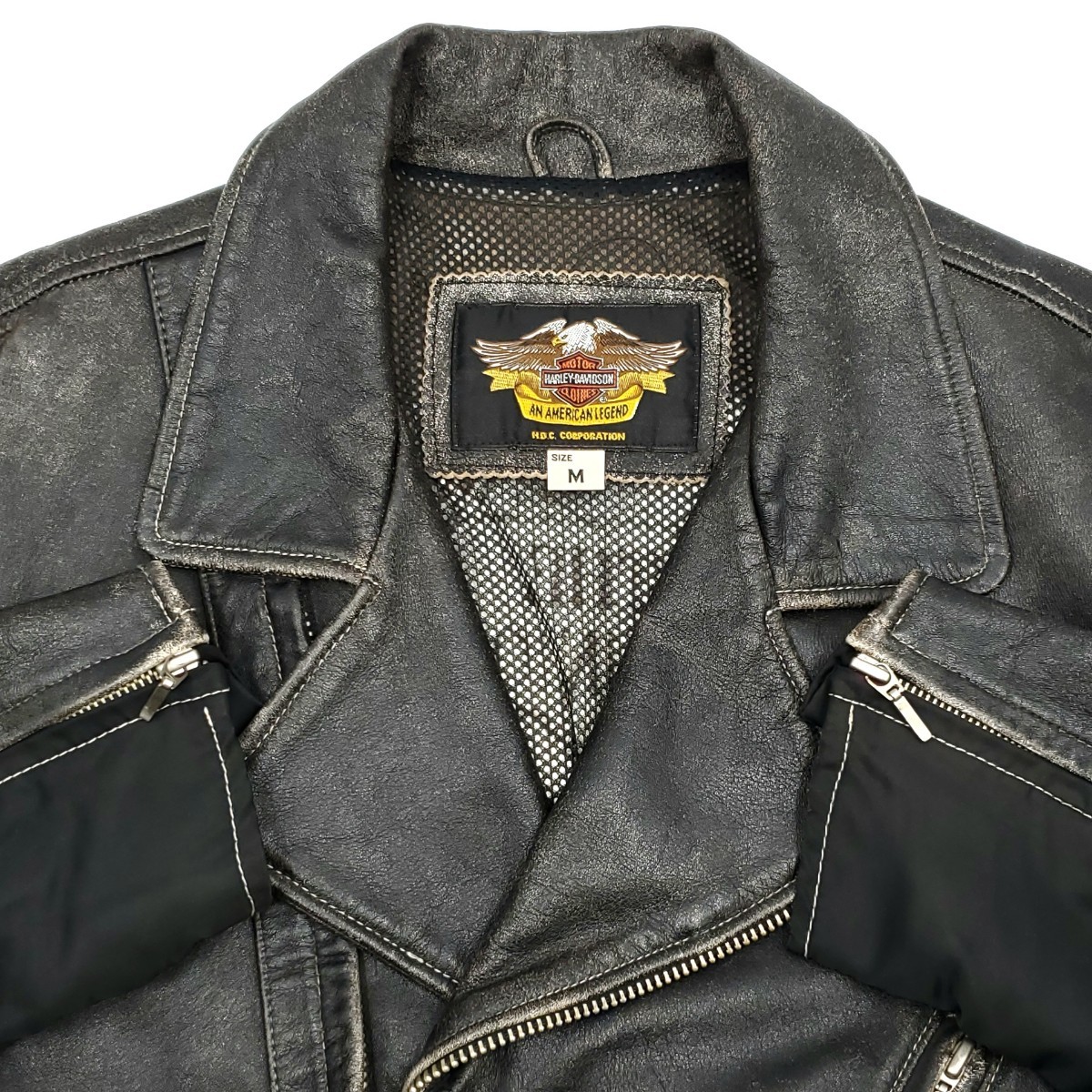 90周年限定モデル◆HARLEY-DAVIDSON◆立体ロゴ加工レザーコンビライダースジャケット黒メンズMハーレーダビッドソンダブル本革ジャン 617_画像4