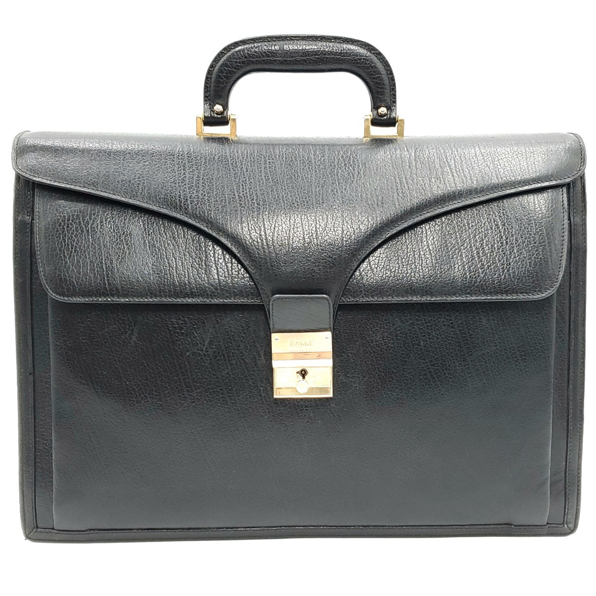 イタリア製◇BALLY◇ダブルフラップ本革ビジネスバッグ黒メンズ自立