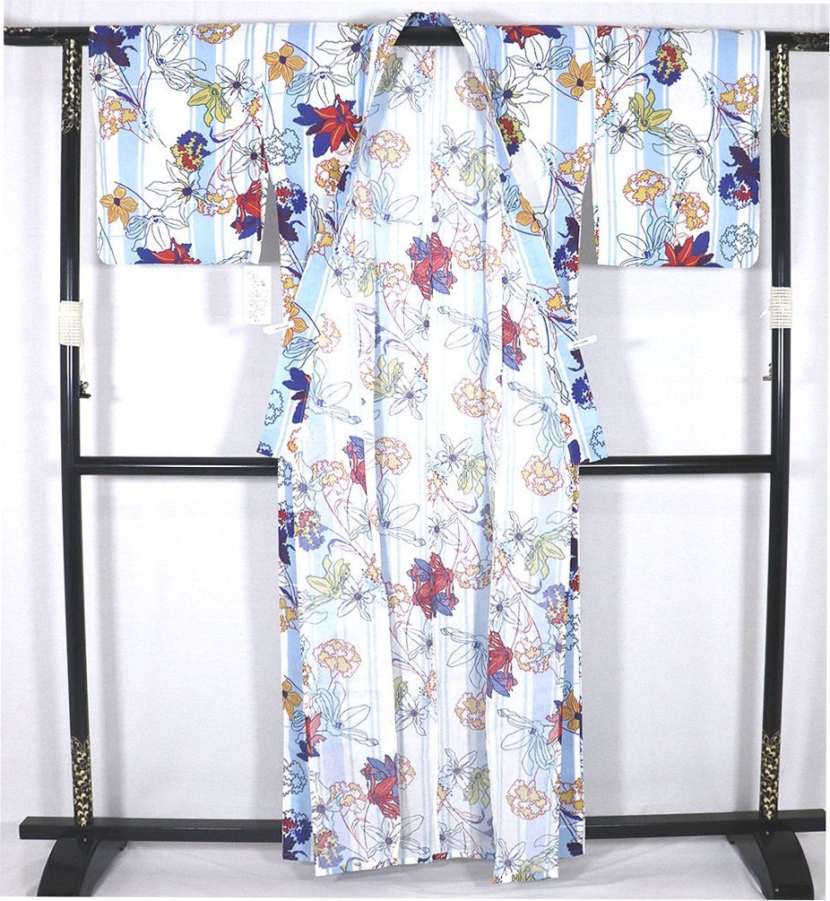 婦人用 浴衣 綿 白 水色 花柄 LY2984 新品 フリーサイズ 夏着物