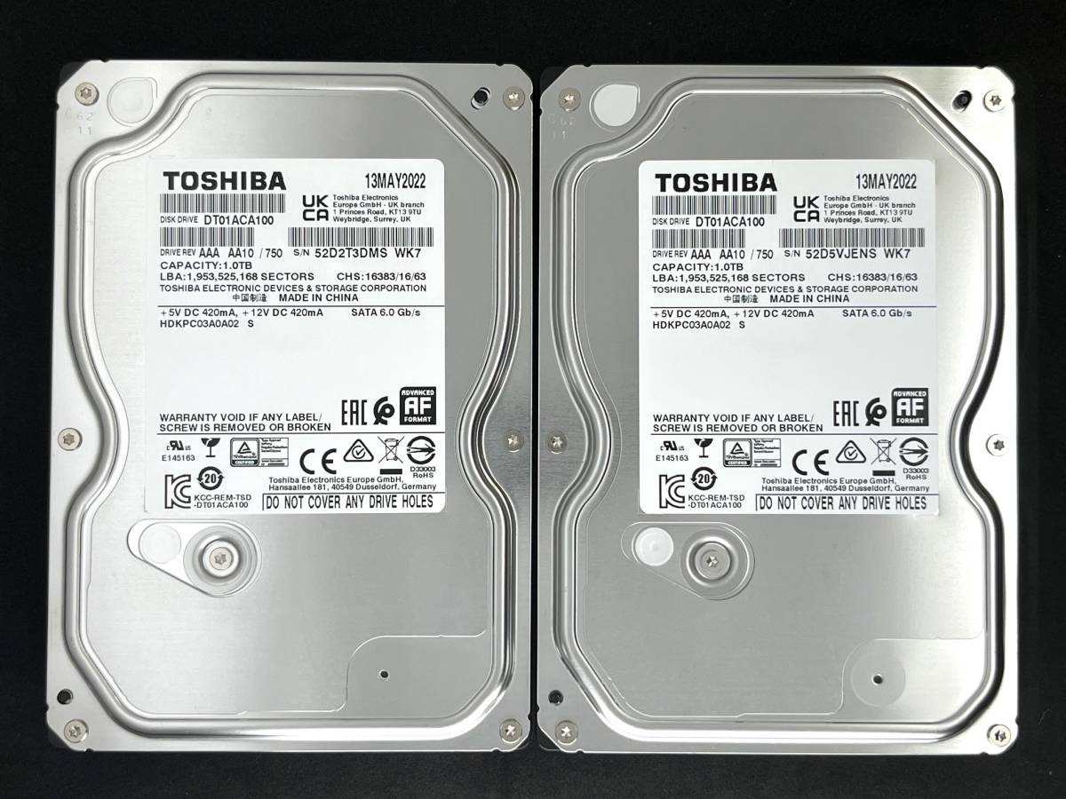 【送料無料】2個セット ★ 1TB ★ 東芝 / DT01ACA100 【使用時間:1209h&1209h】2022年製 良品 3.5インチ 内蔵HDD SATA TOSHIBA