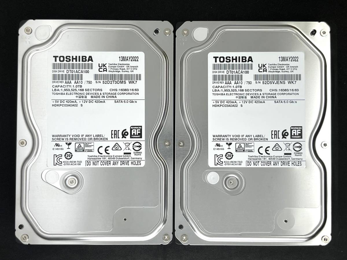 【送料無料】2個セット ★ 1TB ★ 東芝 / DT01ACA100 【使用時間：1209ｈ＆1209ｈ】2022年製　良品　3.5インチ 内蔵HDD　SATA　TOSHIBA_画像1