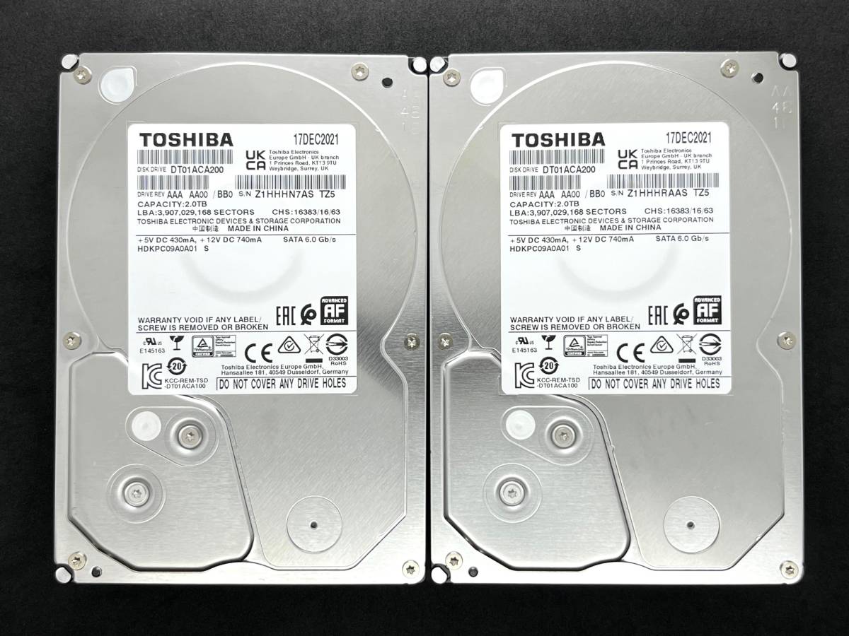 【送料無料】 セット ★ 2TB×2 ★　DT01ACA200　/　TOSHIBA　【使用：120時間＆120時間】　2021年製　稼働少　3.5インチ内蔵HDD　SATA600_画像1