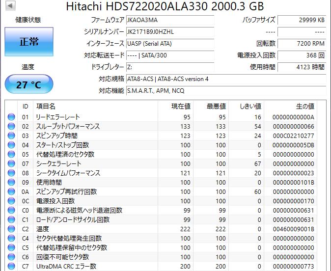 【送料無料】　★ 2TB ★　HITACHI / HDS722020ALA330　【使用時間：4123ｈ】 3.5インチ 内蔵HDD　良品　SATA / 7200rpm　日立_画像2