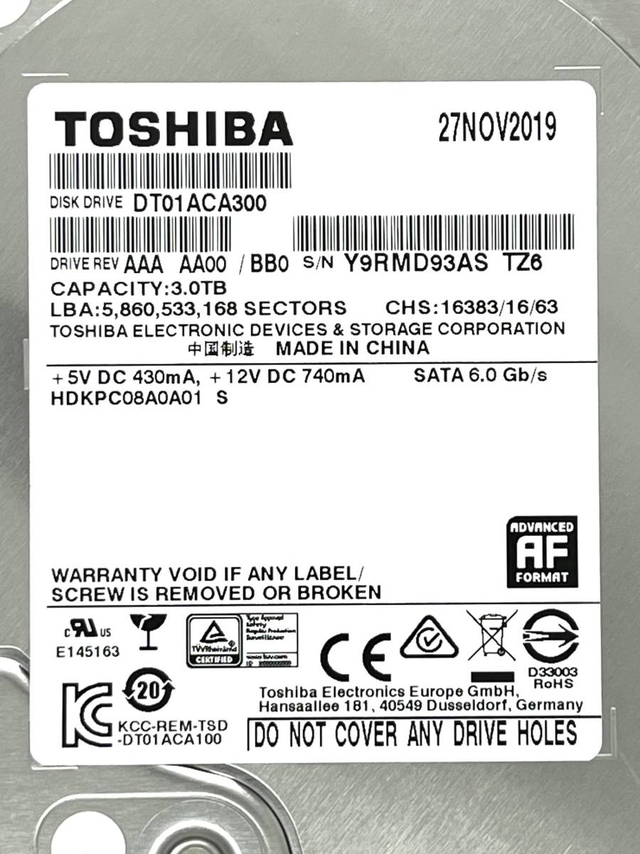【送料無料】 ★ 3TB ★　TOSHIBA　/　DT01ACA300　【使用時間：24ｈ】 2019年製　稼働極少　3.5インチ内蔵HDD　SATA600/7200rpm　東芝_画像3