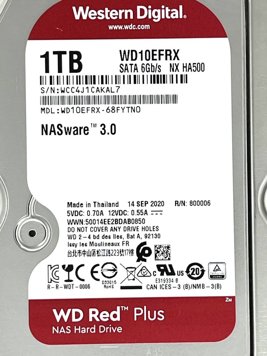 【送料無料】　★ 1TB ★　WD Red　/　WD10EFRX　【使用時間：9438ｈ】 2020年製　良品　3.5インチ内蔵HDD　SATA　Western Digital RED