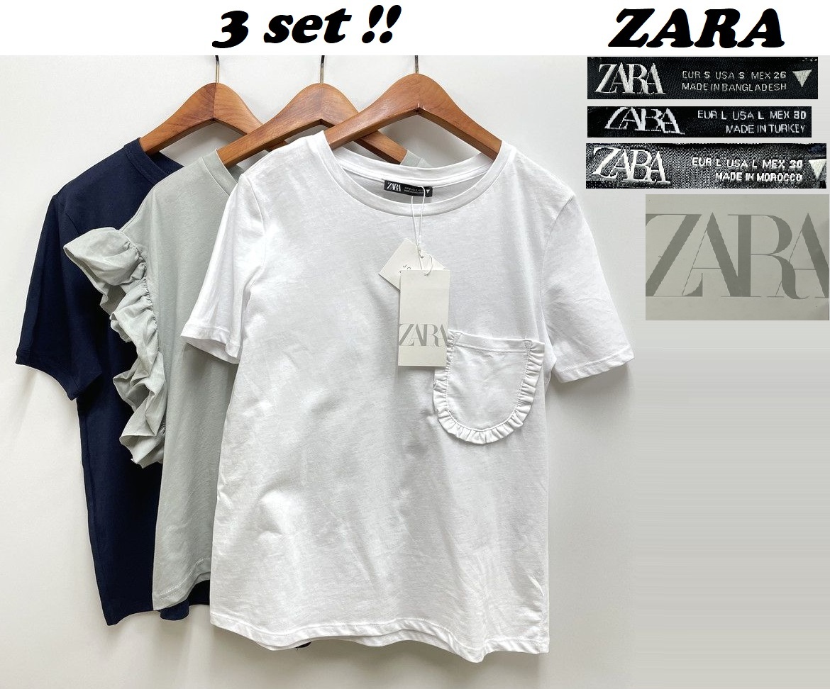 3セット 未使用品 /S,L/ ZARA ホワイト ライトグリーン ネイビー 半袖Tシャツ フレア レディース タグ カジュアル トップス 通勤 定番  ザラ