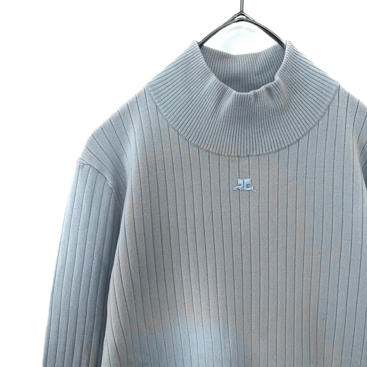 【送料無料】Courreges クレージュ ハイネック　リブ編み　セーター　ニット　水色　L レディース　ストレッチ素材