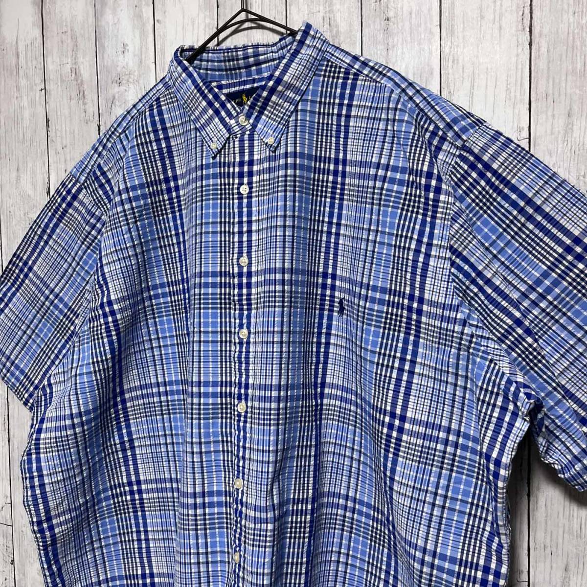 ラルフローレン Ralph Lauren サッカー生地 チェックシャツ 半袖シャツ メンズ ワンポイント コットン100％ 3XLTサイズ 3TGLサイズ 3‐378