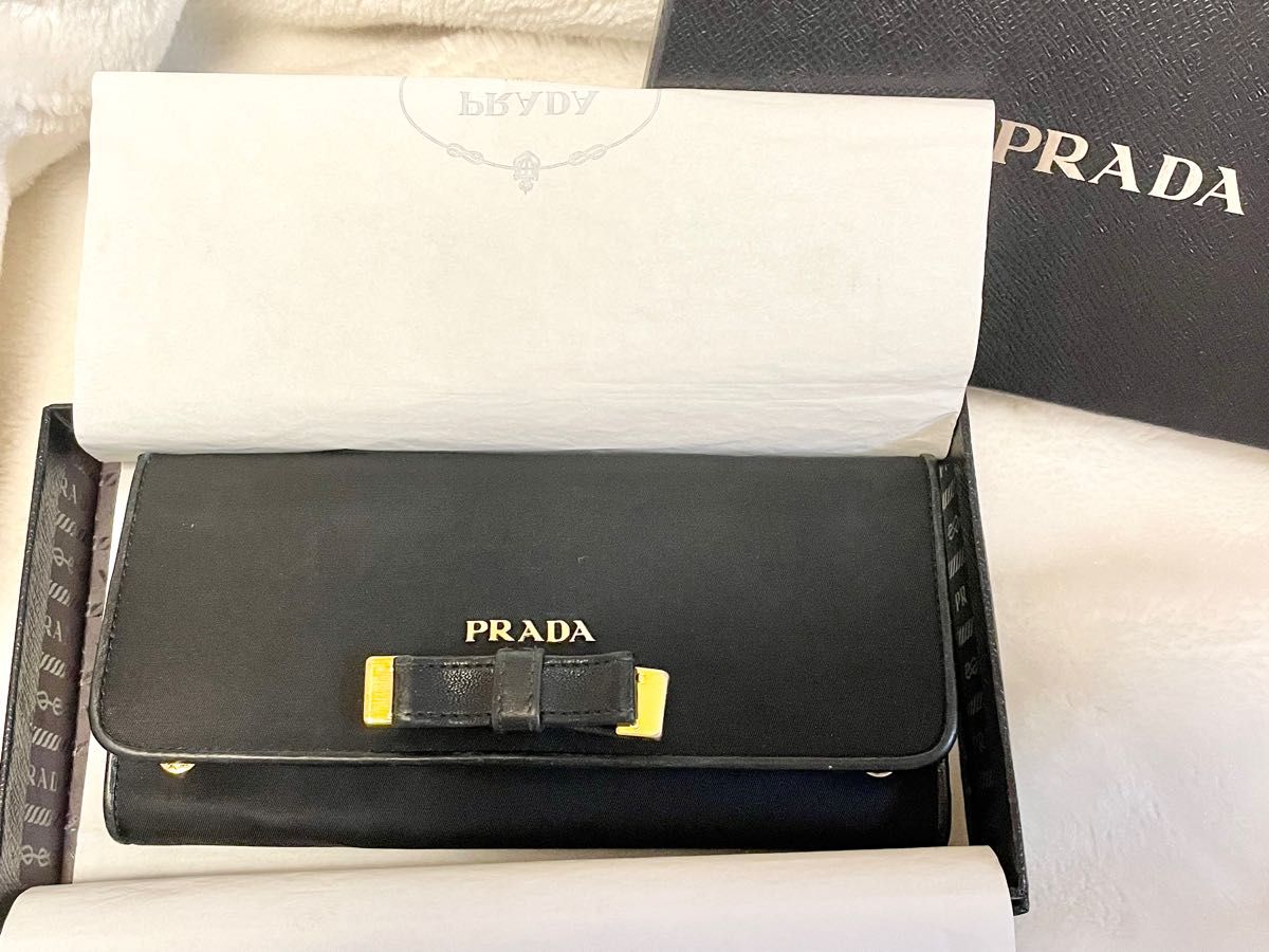 PRADA プラダ　リボン × ゴールド 長財布 ナイロン×レザー ブラック 黒　財布　ウォレット