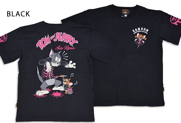 vanson×TOM＆JERRYコラボ 天竺半袖Tシャツ◆vanson ブラックLサイズ TJV-2320 バンソン ヴァンソン トムとジェリー 刺繍 バイカー_画像1