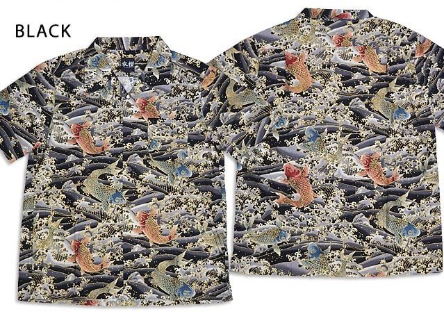 コットンアロハシャツ「金粉跳ね鯉」◆衣櫻 ブラックLサイズ SA-1540 和柄 和風 日本製 国産 コイ オープンカラー