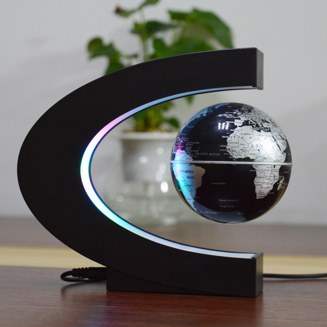 CSN537#創意満々☆地球儀 面白 磁気浮上 360°自動回転 LEDライト 浮くライト 世界地図 オフィス 置物 おもしろ 雑貨 プレゼント 飾り  ブラ