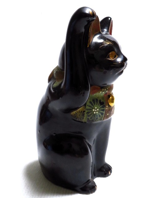 招き猫 黒猫 彩色 縁起物 陶磁器 時代 アンティーク_画像4