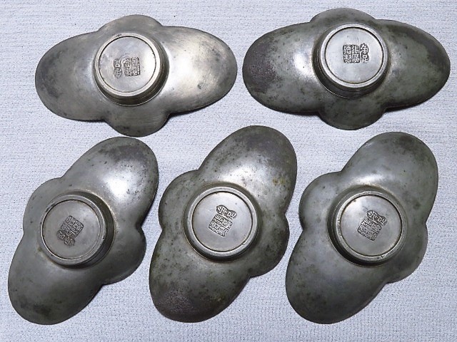煎茶道具 古錫茶托5客 浄足 張廣徳製 茶道具 中国 唐物 煎茶道具 古錫茶托5客 浄足 張廣徳製 茶道具 中国 唐物