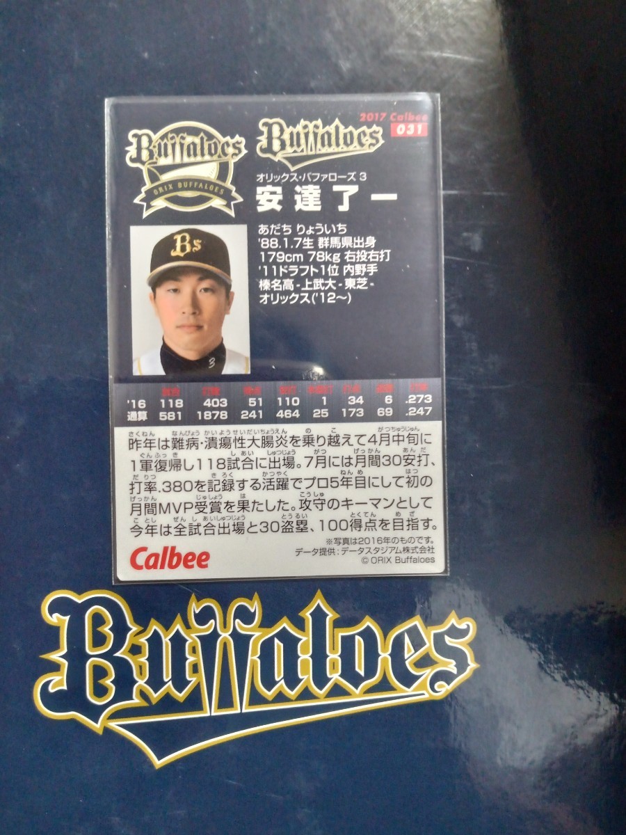 NPB カルビー プロ野球 チップス 2017年 第1弾 レギュラーカード オリックス.バッファローズ 031 安達了一 背番号3 右投 右打者 内野手 _画像2