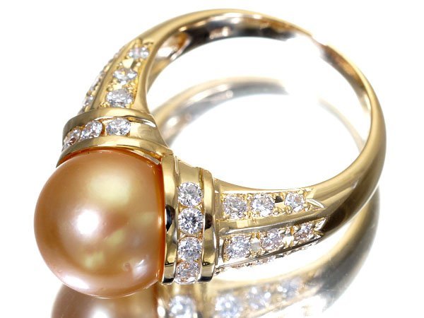 [ jewelry ultimate ] fine quality gold color! natural Golden pearl 11.1mm.& fine quality diamond 0.89ct high class K18 ring h5942gk[ free shipping ]