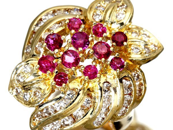 【ジュエリー極】豪華フラワーデザイン!良質天然ルビー1.15ct&良質ダイヤモンド1.20ct 高級K18YGリング k6548zu【送料無料】