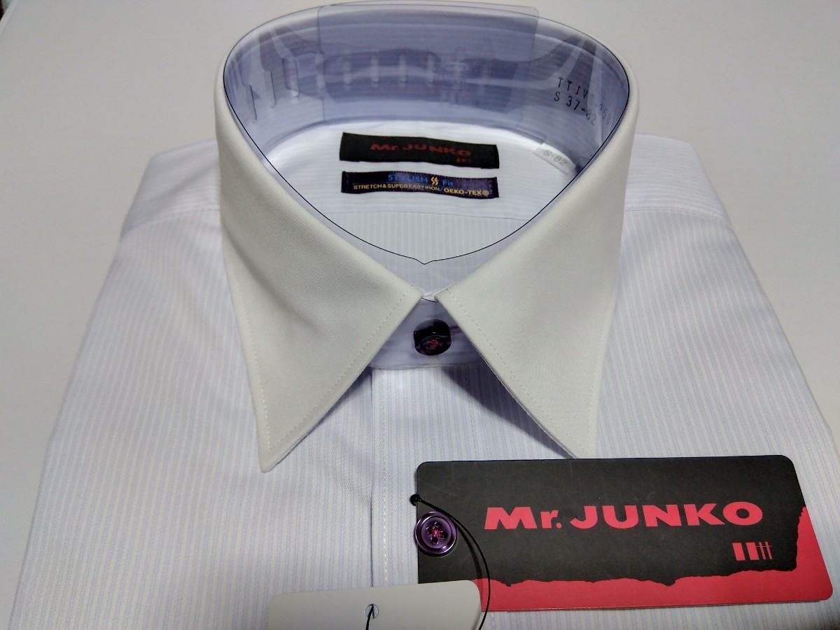 新品 即決 Mr.junko 日本製生地 播州織 ストライプ ワイシャツ(レギュラー) SUPER EASY IRON Sサイズ 37-82 37-80 Cotton50% 5,390円_画像2