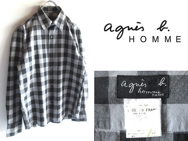 希少 フランス製 00sビンテージ agnes b. homme アニエスベーオム コットン ブロックチェック シャツ ブラック グレー 黒 灰 ネコポス対応_画像1