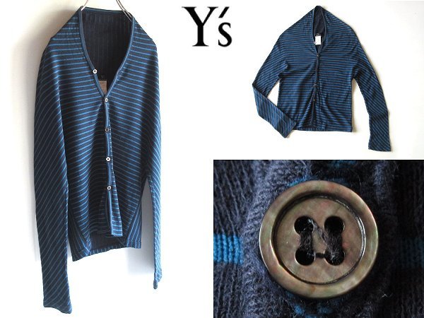 Y's ワイズ Yohji Yamamoto ヨウジヤマモト コットンポリ 変形 ボーダー/ストライプ柄 カーディガン 羽織 3 ネイビー ブルー 紺 青 日本製