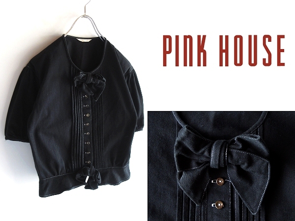 PINK HOUSE ピンクハウス 多連ボタン リボン ピンタック パフスリーブ コットン ノーカラーシャツ ブラウス FREE ブラック 黒 カネコイサオ