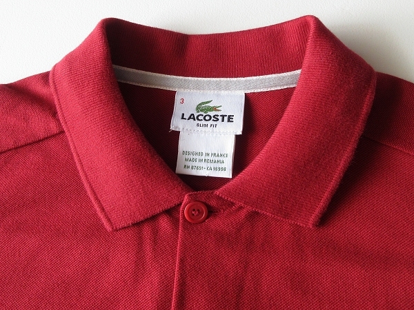 美品 LACOSTE シルバーラコステ 銀ワニ ロゴ刺繍 PH3165 Wポケット ロールアップ袖 フルオープンポロシャツ 3 バーガンディ ネコポス対応_画像4